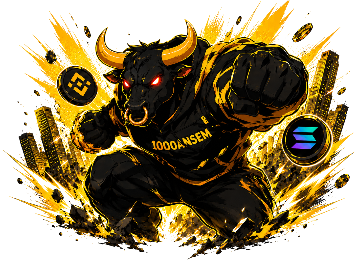 1000ANSEM anime bull charging through a bull market city